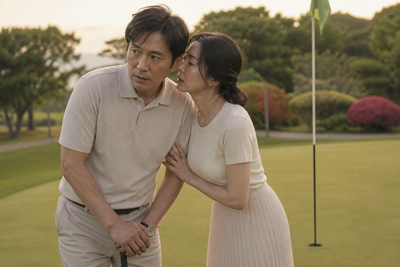 파크골프 그린에서 귓속말하는 중년 남녀