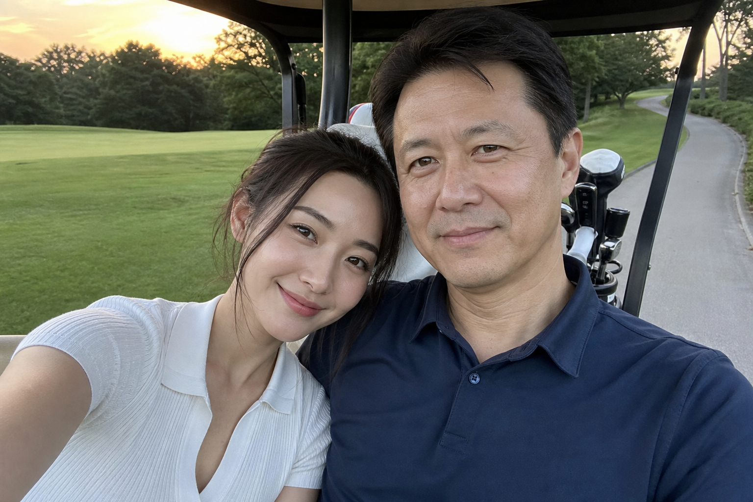 골프카트에서 어깨를 기대고 찍은 셀카, 중년 오빠와 젊은 여성